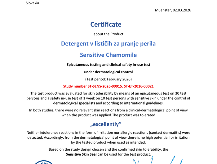 <h1>SENSITIVE SKIN TEST ! </h1><h1>primerno za pranje perila najbolj občutljivih</h1><ul><li><h1>dojenčki</h1></li><li><h1>otroci</h1></li><li><h1>atopiki</h1></li></ul>